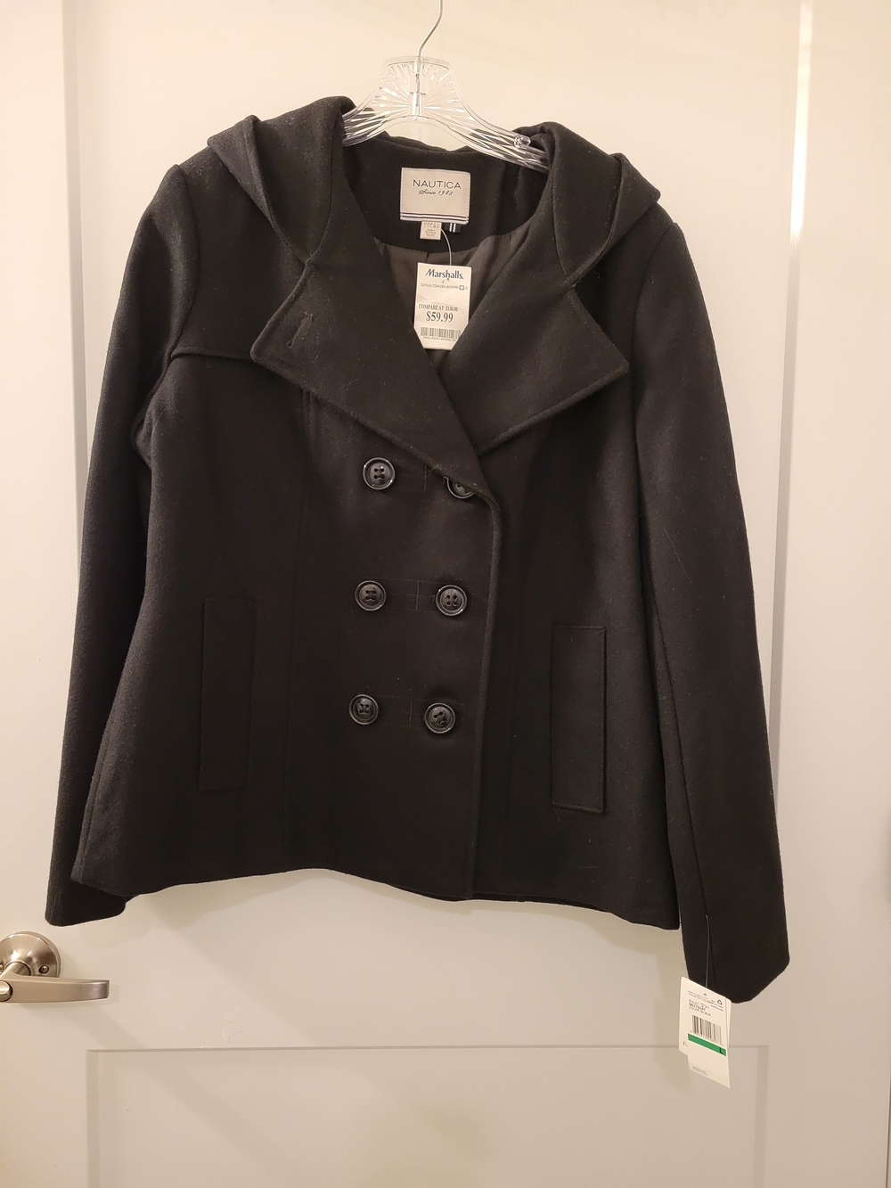 Nautica Women's Black Hooded Double-Breasted Pea Coat